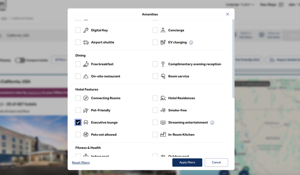 search for hotels with the “Executive lounge”